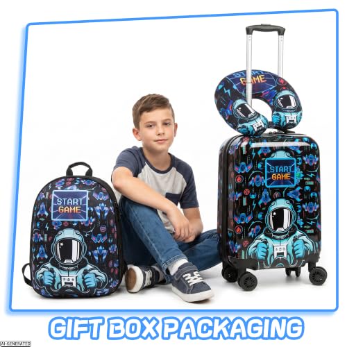 Kids Luggage with Spinner Wheels Set, 3Pcs Kids Astronaut Suitcase Set, Carry on Luggage Hardside Boysand U shaped Pillow, Toddler Rolling Suitcase for Travel, Airline Approved - color: Black E