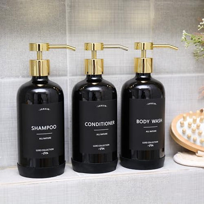 Shampoo and Conditioner Dispenser Set of 3 - color: Black Bottles + Gold Pumps