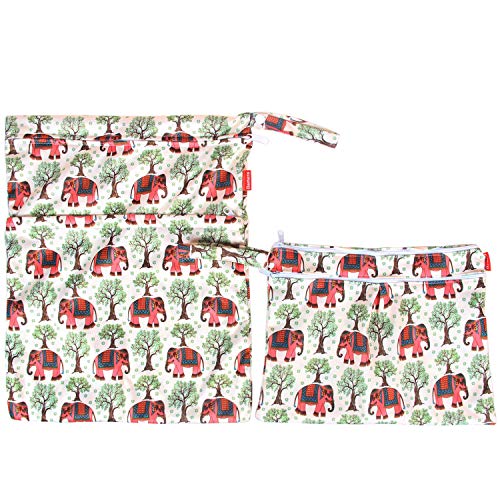 Damero 2Pcs Cloth Diapers Wet Dry Bag, Zippered Organizer, Elephants