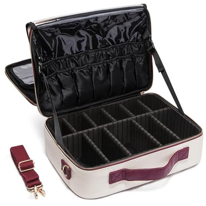 Large Travel Makeup bag, Leather Artist Makeup Train Case Cosmetic Storage Organizer Box with Adjustable Dividers for Makeup Brushes Toiletry - White - color: White