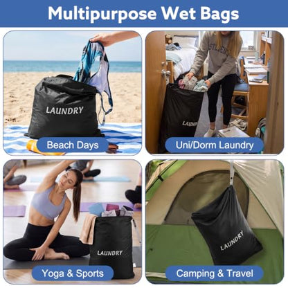 Dntorx 3 Pcs Travel Laundry Bags Dirty Clothes Travel Bag, Foldable Waterproof Laundry Bag with Sturdy Handle for Family Beach Gym Pool Yoga Workout College Dorm Swimsuit Diaper Storage, Black - size: 3 Pack - 45x60cm + 35x55cm + 30x40cm