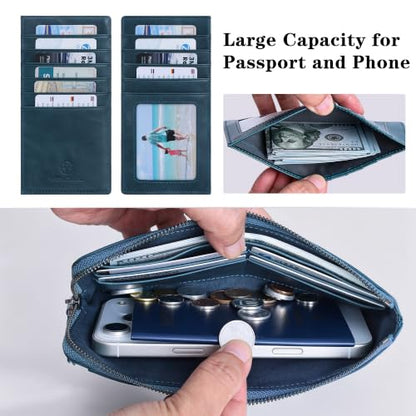 VISOUL Long Zipper Cash Wallet for Women with Removable Credit Card Holder Genuine Soft Leather-Blue - color: Blue