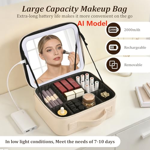 Travel Makeup Bag with Mirror & 8 Adjustable EVA Dividers, Beige - color: Beige-8 Dividers