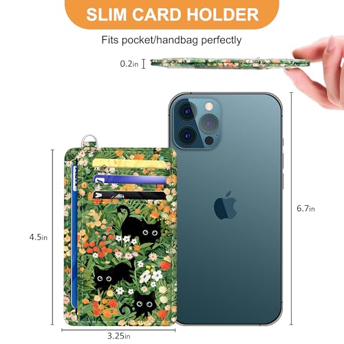 SEAVILIA Small Credit Card Holder for Women, Slim RFID Blocking Wallet - color: Black Cat Floral