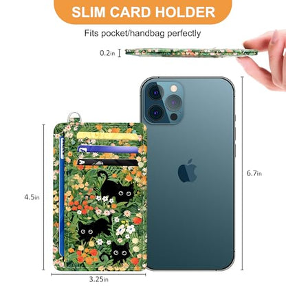 SEAVILIA Small Credit Card Holder for Women, Slim RFID Blocking Wallet - color: Black Cat Floral