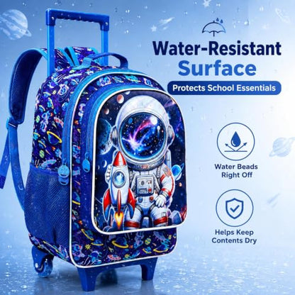 AGSDON 3PCS Rolling Backpack for Girls Boys, Kids Roller Wheels Bookbag, Wheeled School Bag with Lunch Bag - color: Rolling Astronaut Rocket Blue