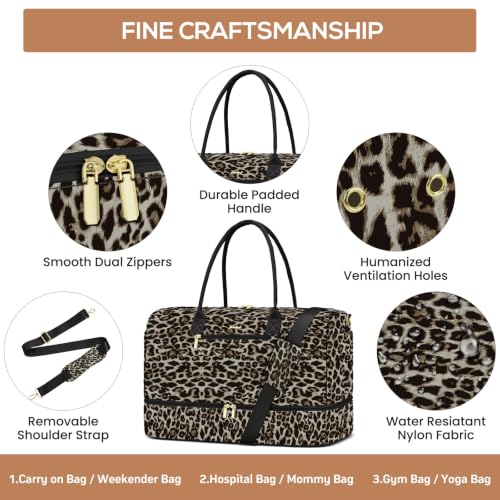 Travel Weekender Bags for Women: Duffel Bag with Shoe Compartment Overnight - color: 32-Brown Leopard Print, size: 40L-Large
