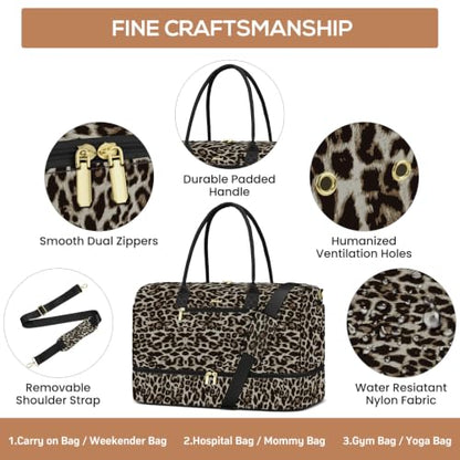 Travel Weekender Bags for Women: Duffel Bag with Shoe Compartment Overnight - color: 32-Brown Leopard Print, size: 40L-Large