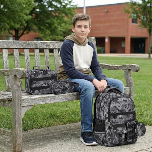 School Backpack for Boys - 5pcs Camo Boys Backpack with Lunch Box Set for Kids Teens Elementary Middle High School,18″ Large Capacity Students Bookbag - color: Black-backpack Set