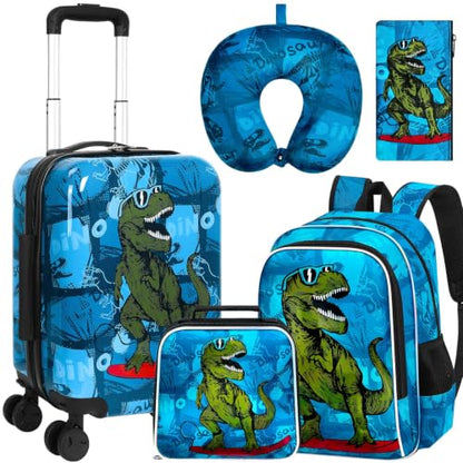 5PC Boys Luggage Set, Kids Dinosaur Suitcase, 16" Carry-On for Travel - color: 5PC Kids Luggage Set - Dinosaur Blue