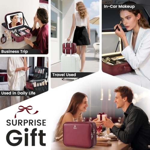 Makeup Bag with LED Lighted Mirror 12.2 IN Cosmetic Train Case Double Layer - color: 12.2 Inch Red