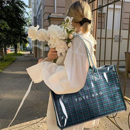 KALIDI PVC Tote Bag Women’s Kraft Paper Work Handbags Purses with Top Handle - color: Plaid Green