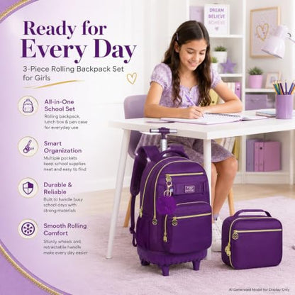 3Pcs Rolling Backpack for Girls Women, 19 Inche Adults Roller Backpacks with Wheels, School Wheeled Bookbag with Lunch Box(Deep Purple) - color: Deep Purple
