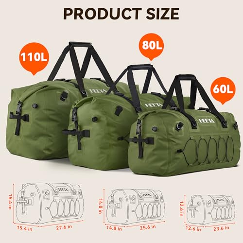 HEETA Waterproof Duffel Bag Travel Motorcycle Dry Bag Backpack 60L/80L/110L - color: Pitch Green, size: 110L