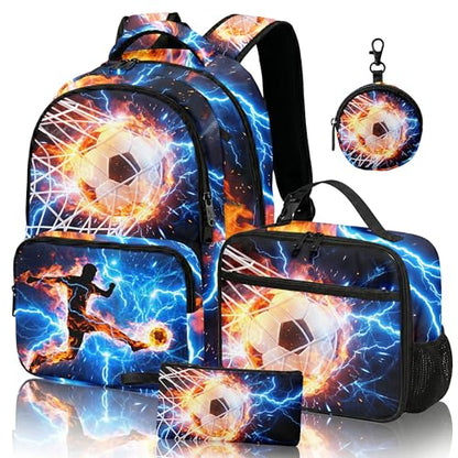 Soccer Backpack Set for Boys, Kids Football Backpack for School with Lunch Box, Pencil Case and Coin Purse (Blue&Fire red) - color: Blue&fire Red