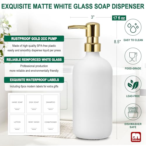 GMISUN White Soap Dispenser, 2 Pack Glass Hand Soap Dispensers Bathroom with Gold Pump, 17 Fl Oz Dish Soap Dispenser Set for Kitchen, Refillable Modern Liquid Soap and Lotion Dispensers Bottle - color: White Bottle + Golden Pump, size: 2 Pack