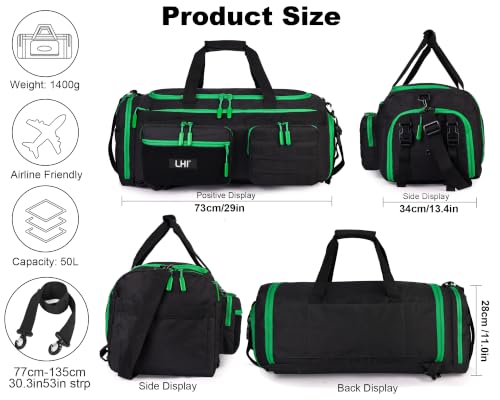 LHI 50L Tactical Duffle Bag for Men, 3-in-1 Gym Duffle and Backpack, Shoe Compartment, Laptop Sleeve and MOLLE, Carry-On Travel Weekender and Overnight Bag – Black with green zippers - color: Black Green