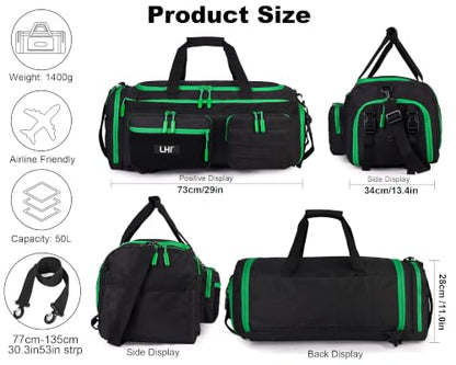 LHI 50L Tactical Duffle Bag for Men, 3-in-1 Gym Duffle and Backpack, Shoe Compartment, Laptop Sleeve and MOLLE, Carry-On Travel Weekender and Overnight Bag – Black with green zippers - color: Black Green