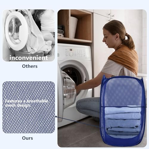 Pop Up Laundry Hamper, Mesh Laundry Basket Collapsible, Foldable Hamper for Travel and Storage (Blue) - color: Blue