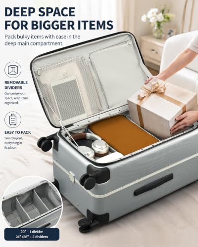 Hanke 28 Inch luggage, Top Opening Aluminum Frame Large Suitcases with Wheels, TSA Lock, Checked Suitcase with Removable Divider (Grey) - color: Grey, size: 28 Inch