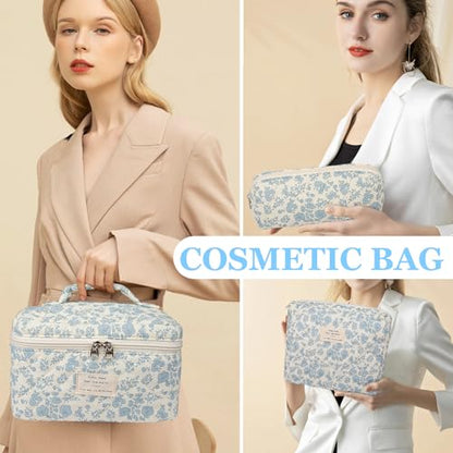 Gosect Makeup Bag Set, Quilted Makeup Bag, Large Floral Cosmetic Bag for Women, Cute Cotton Makeup Bags, Flower Travel Toiletry Organizer Bag (Blue Rose) - color: LMG