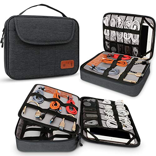 HOLIMET Cable Organiser Bag,Electronic Accessories Bag Double Layer for Travel Waterproof Cord Storage Organizer Bag for iPad, Kindle, Hard Drives, Cables, Chargers,Power Bank and More(Black)