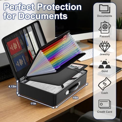 JHSafer 6400 ℉ Fireproof Document Box with Lock, Hard Case Safe Box - size: 15" x 11" x 4.13",13 pockets colorful