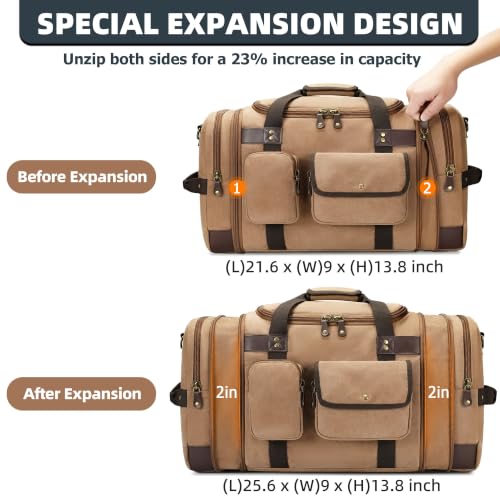 Duffle Bag for Travel, 50L Carry On Duffle Bag for Airplanes, Canvas Overnight Weekender Bag for Men and Women - color: Brown