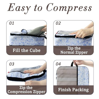 U+U 8 Set Compression Packing Cubes, Travel Organizers (Blue Flower) - color: Blue Flower, size: 8 Set