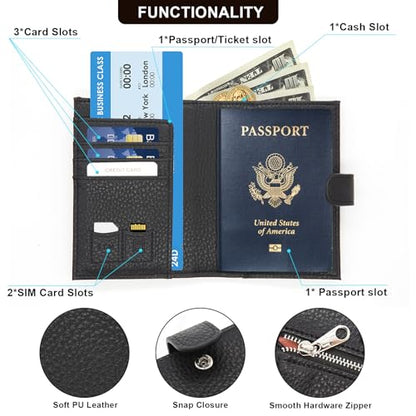 RFID Passport Holder Women Men PU Leather Travel Slim Wallet with Card Holders SIM Slots Zippered Coins Pocket (Black) - color: Black