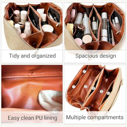 Makeup Organizer Bag, Travel Cosmetic Bag with Compartments, Gold - color: Gold