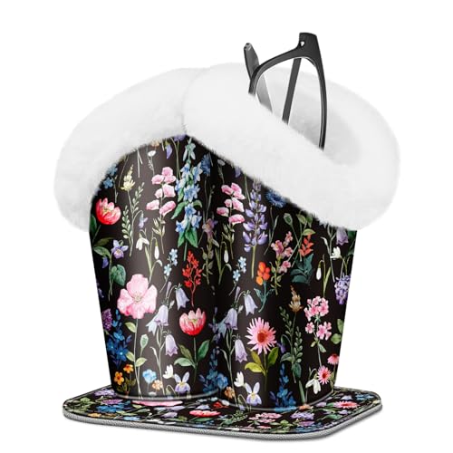FINTIE Plush Lined Double Eyeglasses Holder with Magnetic Base for Desk - color: Black Floral