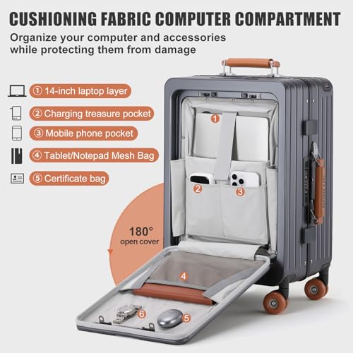 ROPLUS Carry On Luggage with Front Cover Compartment, Aluminium Frame Rolling Suitcase with Skate Wheels, USB Ports, Cup Holder, TSA Lock (GrayBrown, 21-Inch) - color: GrayBrown, size: 21-Inch