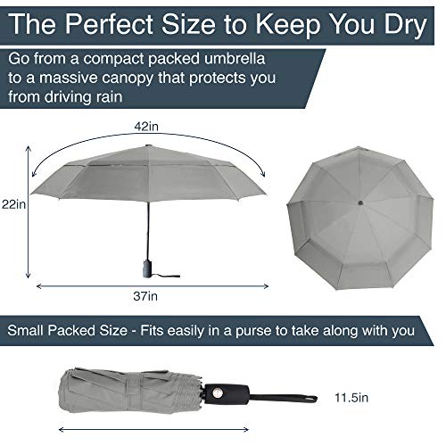 RainPlus Windproof Travel Umbrella - Compact, Automatic, Folding and Portable - Umbrellas For Rain for Men and Women - Car, Backpack, Purse, Strong & Wind Resistant - color: Gray
