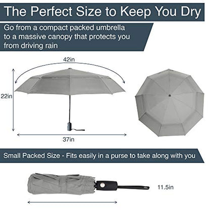 RainPlus Windproof Travel Umbrella - Compact, Automatic, Folding and Portable - Umbrellas For Rain for Men and Women - Car, Backpack, Purse, Strong & Wind Resistant - color: Gray
