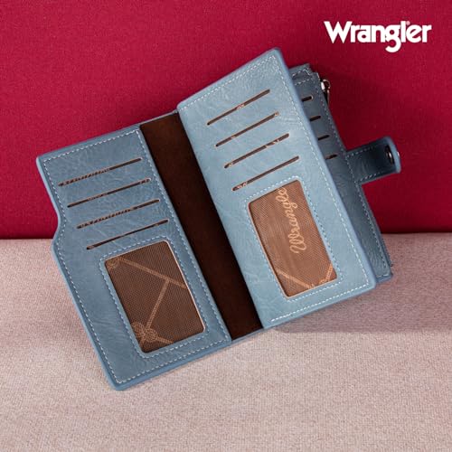 Wrangler Wallet for Women Bifold Card Holder with Zipper and ID Window - color: A-Jean Blue