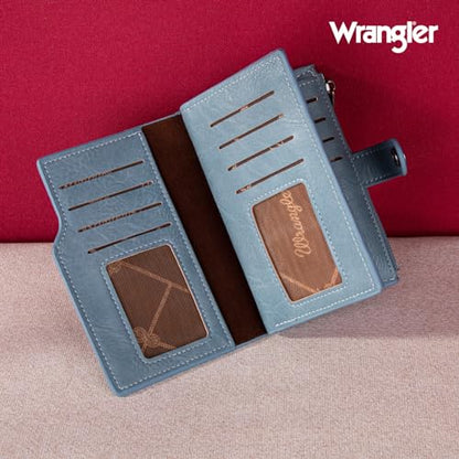 Wrangler Wallet for Women Bifold Card Holder with Zipper and ID Window - color: A-Jean Blue