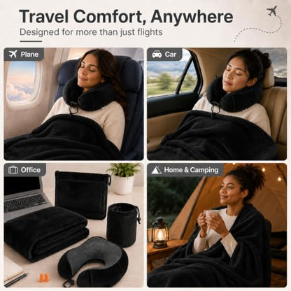 Travel Blanket and Pillow Set - Neck Pillow Airplane Essentials, Black - color: Black