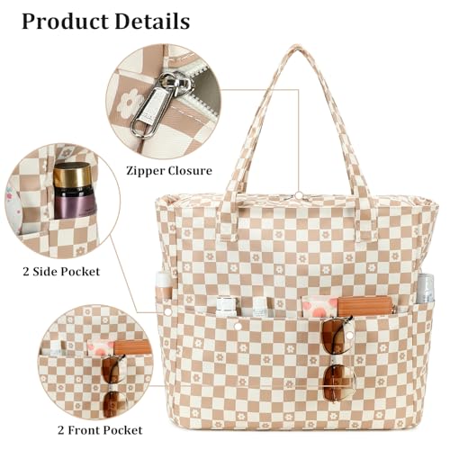 LEDAOU Large Beach Bag for Women, Waterproof Sandproof Tote Bag with Zipper - color: Brown-white