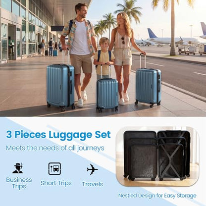 Goplus 3 Piece Luggage Set, 20/24/28 Inch Lightweight Hardshell Suitcases with 360° Spinner Wheels, Telescope Handles, Scratch-Resistant Shell for Business Family Travel (Vertical Stripe, Blue) - color: Blue, style: Vertical Stripe
