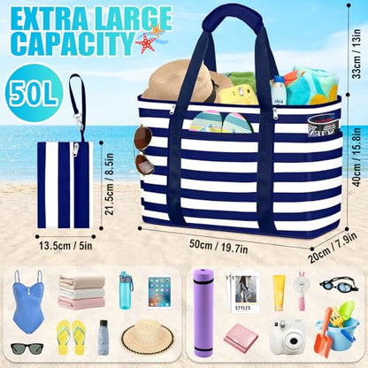 Extra Large Beach Bags for Women Waterproof Sandproof Beach Tote Bag - color: Navy Blue and White