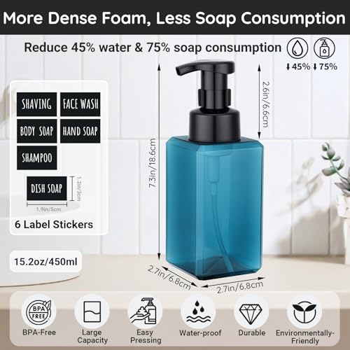 Segbeauty Plastic Square Foam Pump Bottle Refillable 15.2oz, 2pcs Empty Foaming Soap Dispenser Bathroom, Blue Foaming Pump Bottles with Label Stickers, Refillable Foam Soap Dispenser for Kitchen 450ml - color: Blue, style: 2pcs 15.2oz