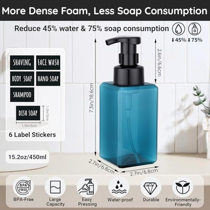 Segbeauty Plastic Square Foam Pump Bottle Refillable 15.2oz, 2pcs Empty Foaming Soap Dispenser Bathroom, Blue Foaming Pump Bottles with Label Stickers, Refillable Foam Soap Dispenser for Kitchen 450ml - color: Blue, style: 2pcs 15.2oz