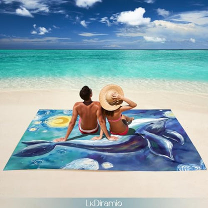Beach Blanket Waterproof Sandproof Large 100x80in with Mesh Bag - color: Watercolor Dolphin