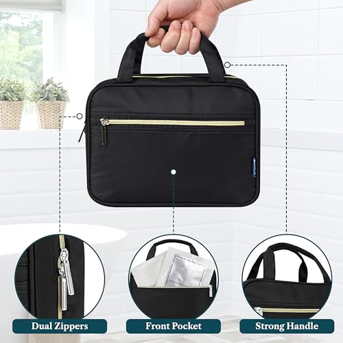 PAVILIA Hanging Toiletry Bag for Women Men Portable Makeup Organizer, Black - color: Black Gold