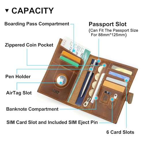 CONTACTS 풀 그레인 가죽 에어태그 여권 홀더 RFID 차단 여행용 여권 지갑 핸드메이드, 카멜 브라운, 플레인 스냅 - color: 카멜 브라운, style: 플레인 스냅