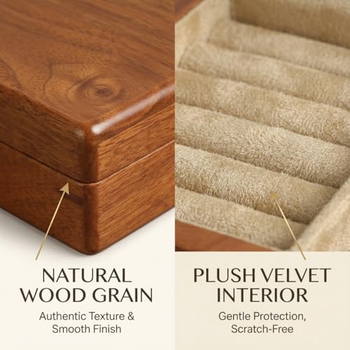 Solid Teak Wood Ring Box, Earring Holder Organizer - color: Khaiki Velvet, size: Small (5"L*5"W*2"H)