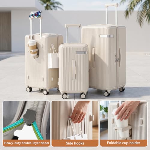3PCS Luggage Set PC Suitcase with Wheels and Cup Holder, Beige - color: Beige