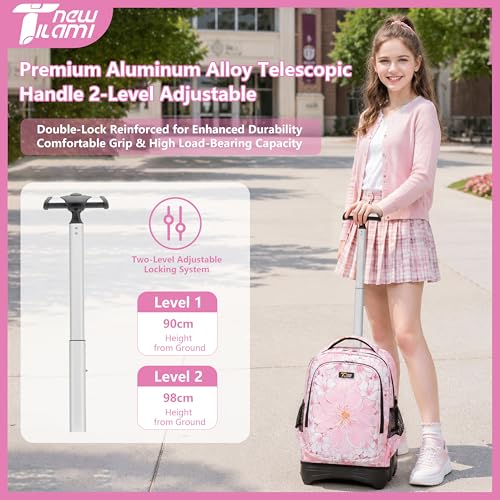 NEW TILAMI 18 Inch Rolling Backpack with Lunch Bag for Girls Boys School - color: Pink Flowers