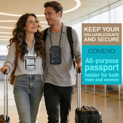 Travel Neck Wallet Passport Holder-RFID Blocking Money Pouch - color: Dark Grey